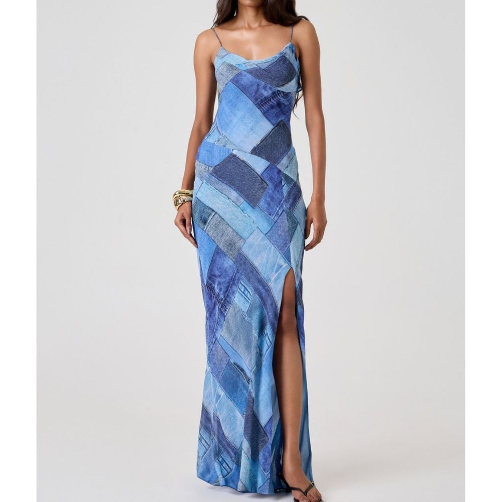 Summer Away Bari Dress Denim Patch Maxi XS Open Back Slit 100% Viscose